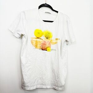 Acne White Graphic Short Sleeve T-Shirt with Yellow Fruit Print